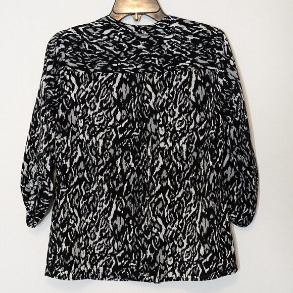 NOTATIONS Black, Gray Casual Button Blouse; Roll-Tab Sleeves; Size PM - Picture 3 of 5